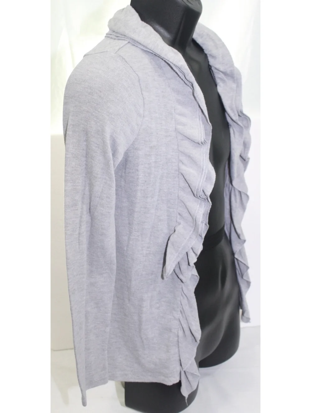 Moa Moa Girl Open Front Waterfall Sweater Shirt Cardigan Ruffles Neck Large Gray